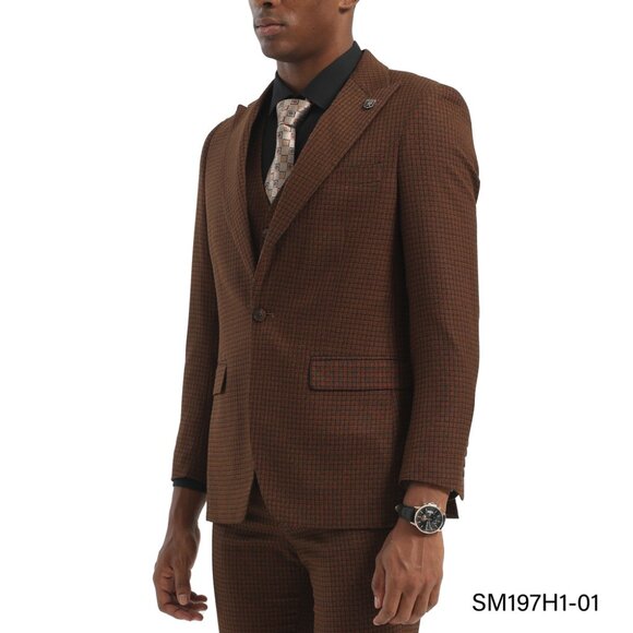 Brown Checkered Plaid Peak lapel 3 Piece Stacy Adams Men's Suit - Picture 1 of 3